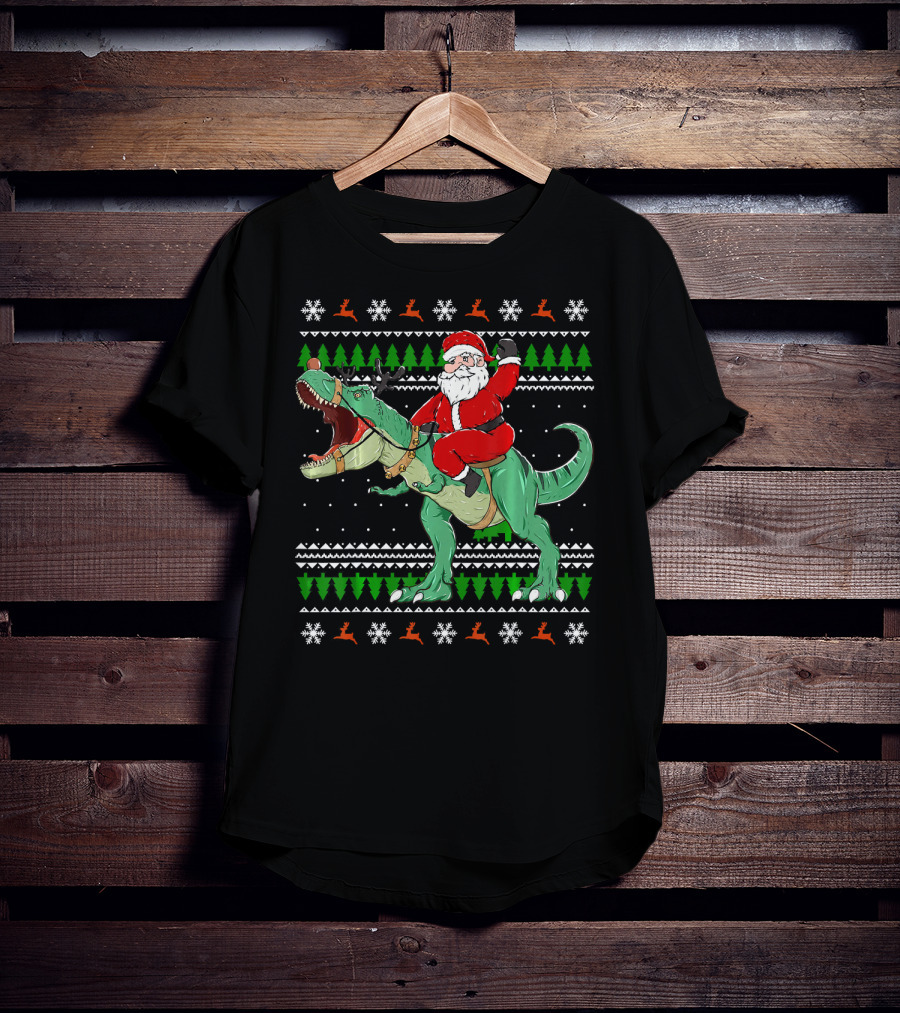 Santa Riding Dino Ugly Christmas Sweater With Snowflakes And Reindeer T-Shirt