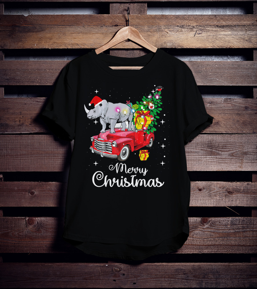 Merry Christmas Rhino Santa Hat On Red Truck With Christmas Tree And Gifts T-Shirt