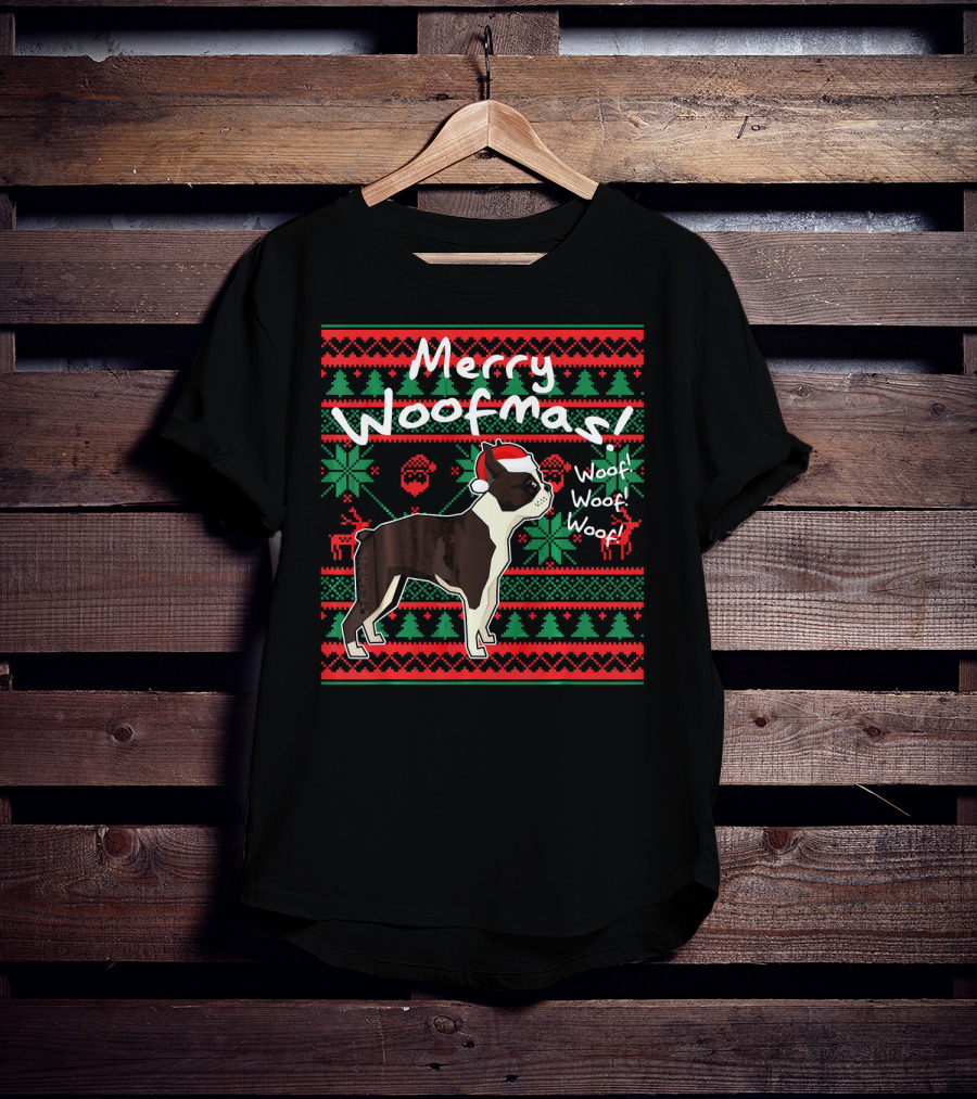 Merry Woofmas Boston Terrier Woof Woof Santa Hat Christmas T-Shirt
