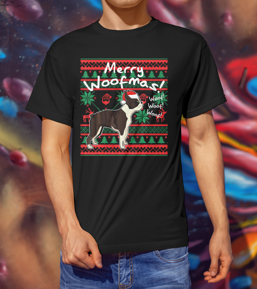 Merry Woofmas Boston Terrier Woof Woof Santa Hat Christmas T-Shirt