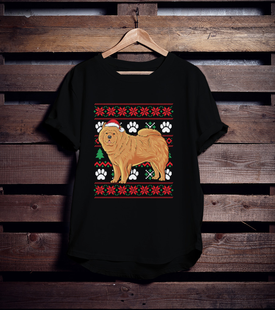 Chow Chow Ugly Christmas Sweater With Santa Hat And Paw Prints T-Shirt