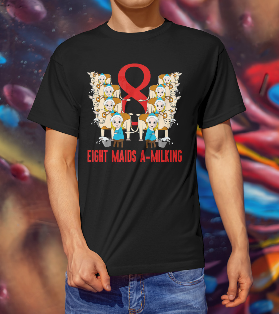 Eight Maids A-Milking Cows With Red Ribbon Background T-Shirt