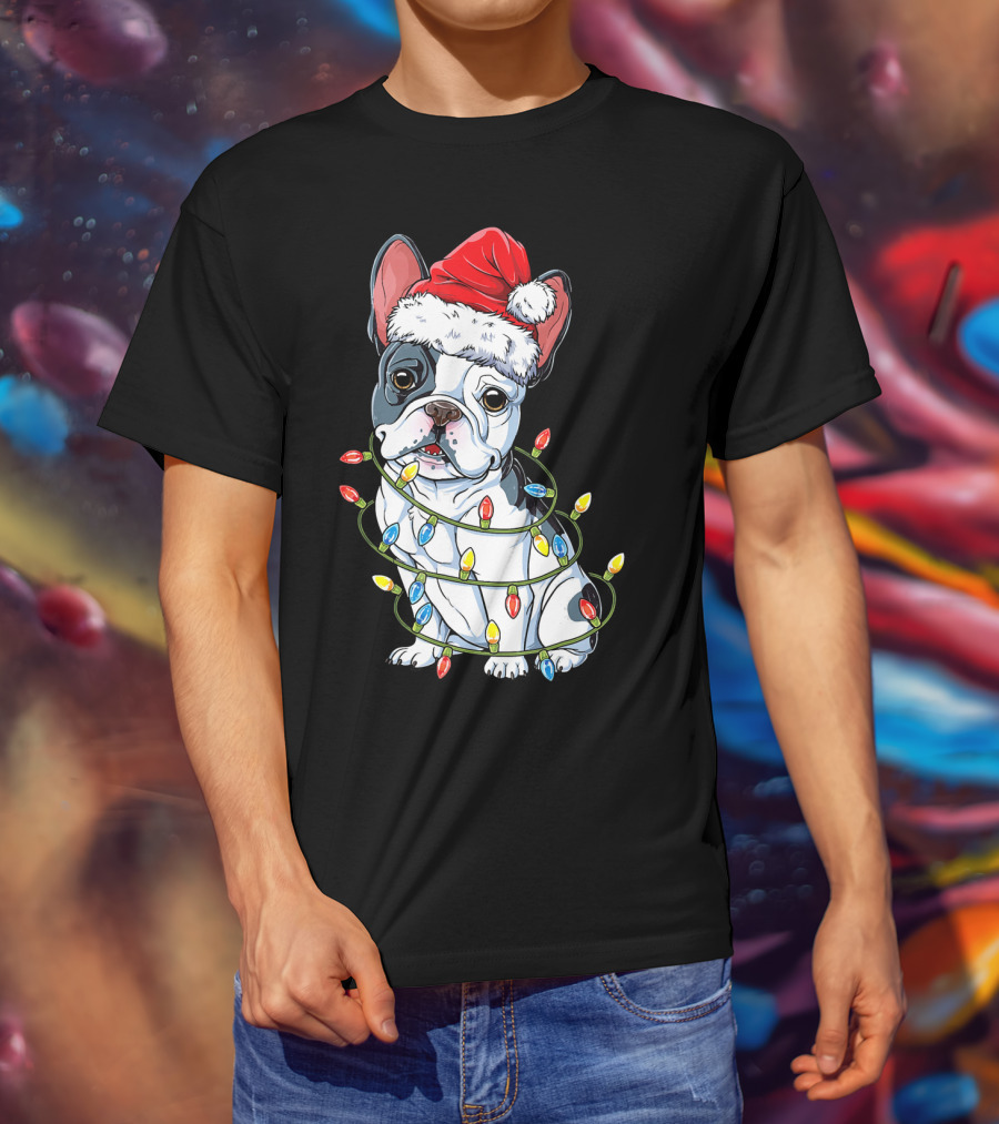 French Bulldog Christmas Santa Hat Festive Lights T-Shirt