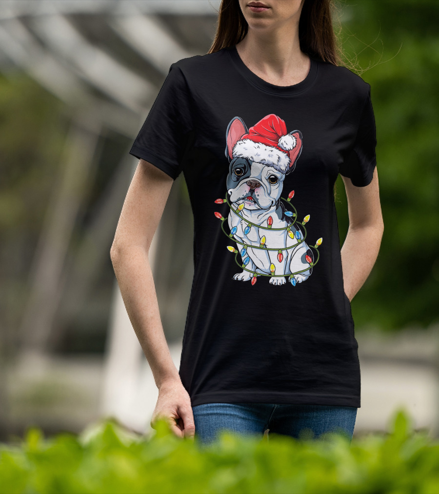 French Bulldog Christmas Santa Hat Festive Lights T-Shirt