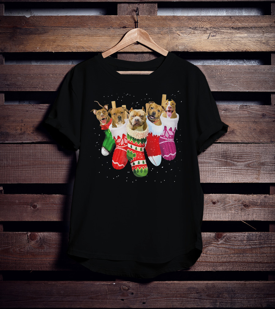 Pit Bull Dogs In Festive Christmas Stockings T-Shirt