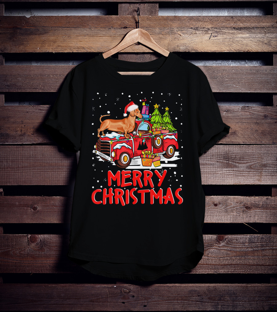 Merry Christmas Dachshund Santa Hat Red Truck With Gifts And Trees T-Shirt