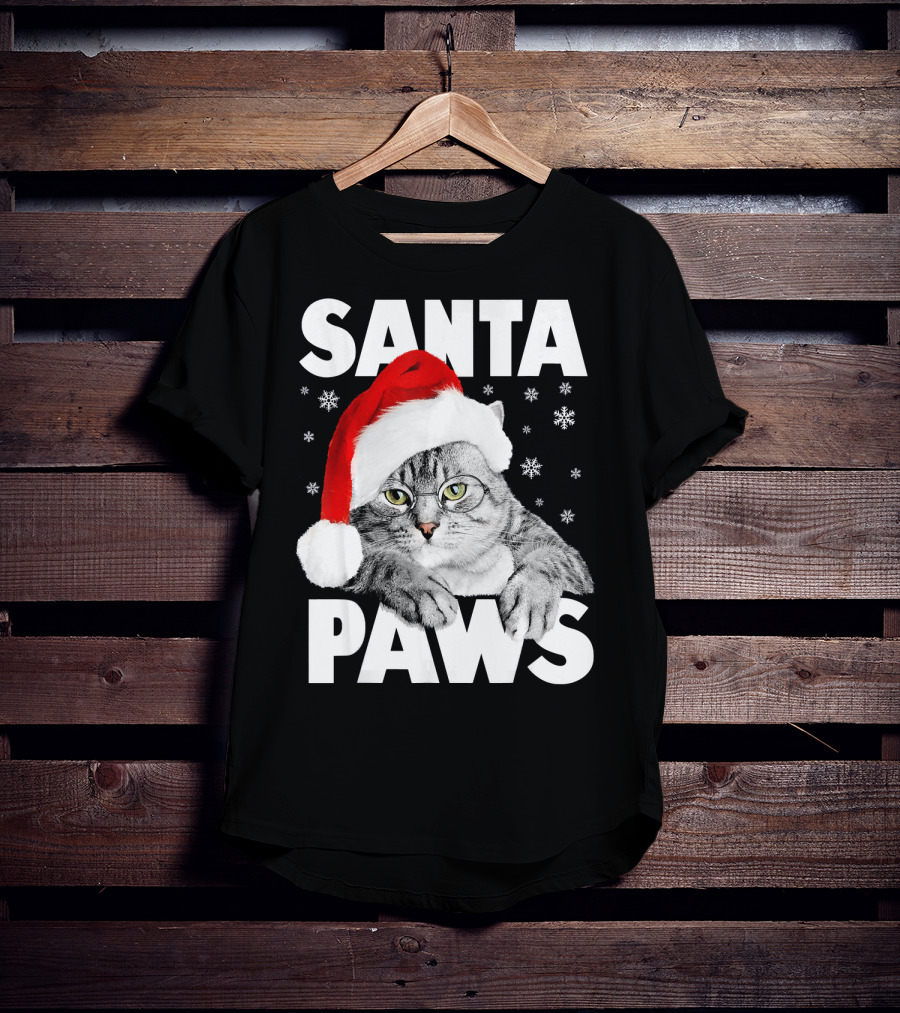 Santa Paws Christmas Kitty Cat Funny Graphic Snowflakes Hat T-Shirt