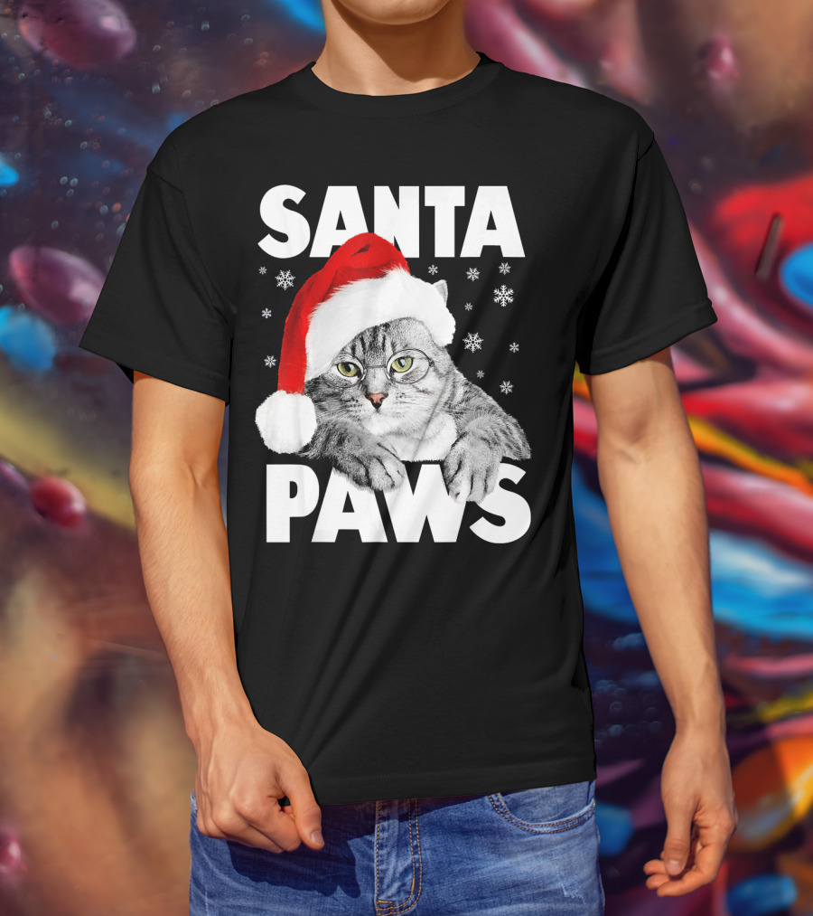 Santa Paws Christmas Kitty Cat Funny Graphic Snowflakes Hat T-Shirt