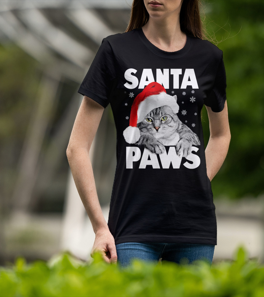 Santa Paws Christmas Kitty Cat Funny Graphic Snowflakes Hat T-Shirt