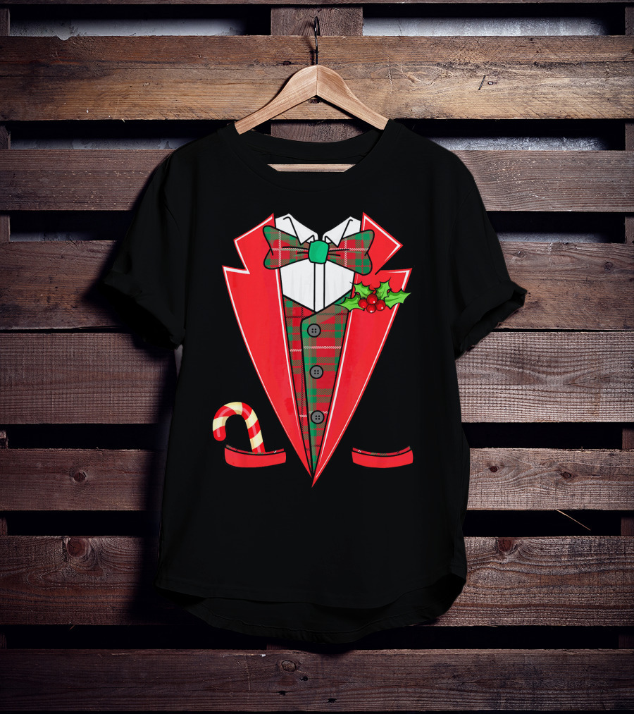 Tuxedo Christmas Fancy Xmas Co Red Plaid Bowtie Candy Cane Holiday Jacket T-Shirt