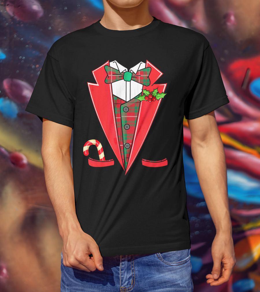 Tuxedo Christmas Fancy Xmas Co Red Plaid Bowtie Candy Cane Holiday Jacket T-Shirt
