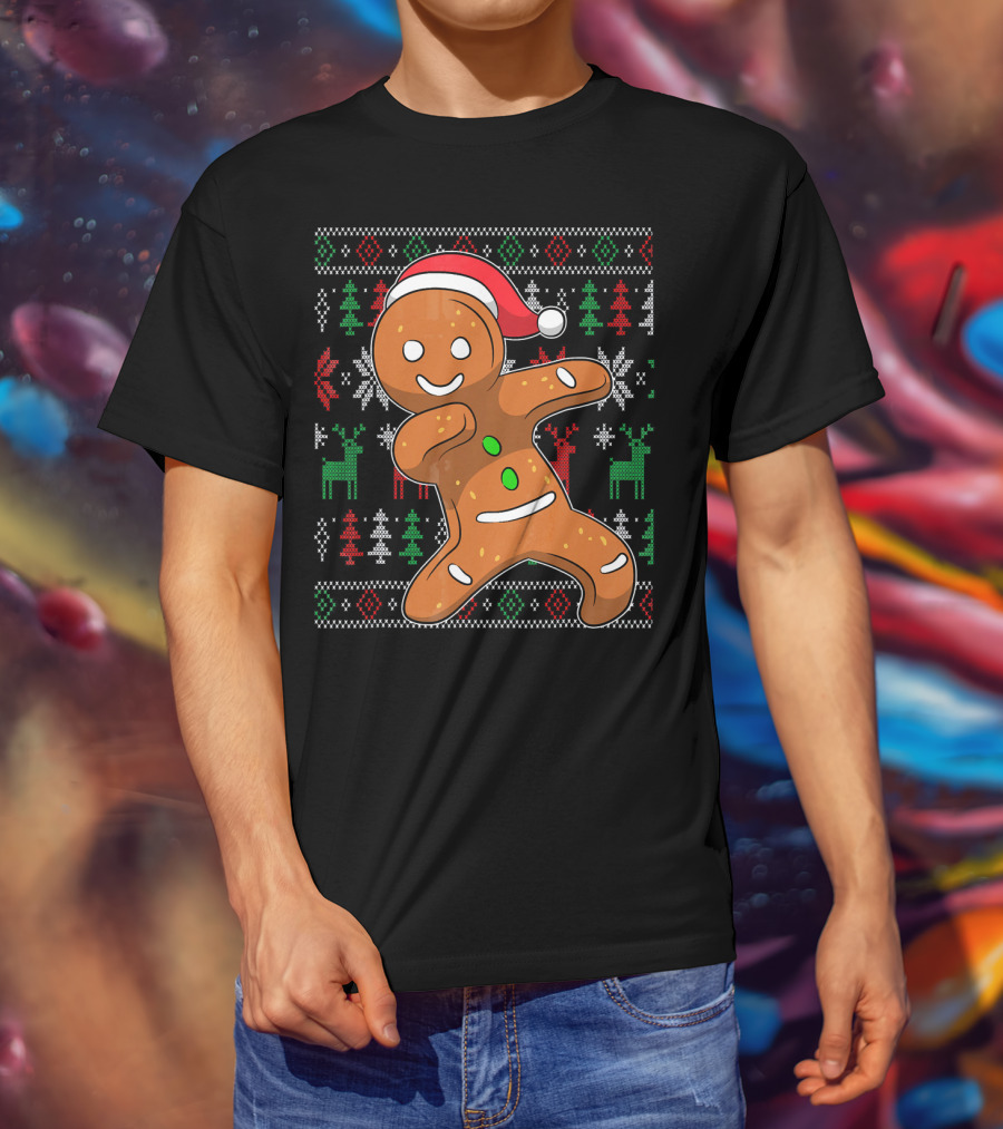 Ugly Christmas Sweater Dabbing Gingerbread Man Santa Hat Holiday T-Shirt