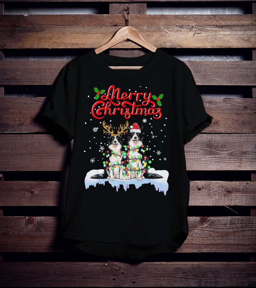Merry Christmas Border Collie Christmas Lights Funny Dog Santa Reindeer T-Shirt