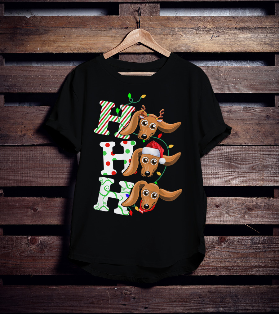 Dachshund Ho Ho Ho Reindeer Antlers Santa Hat Christmas Lights T-Shirt