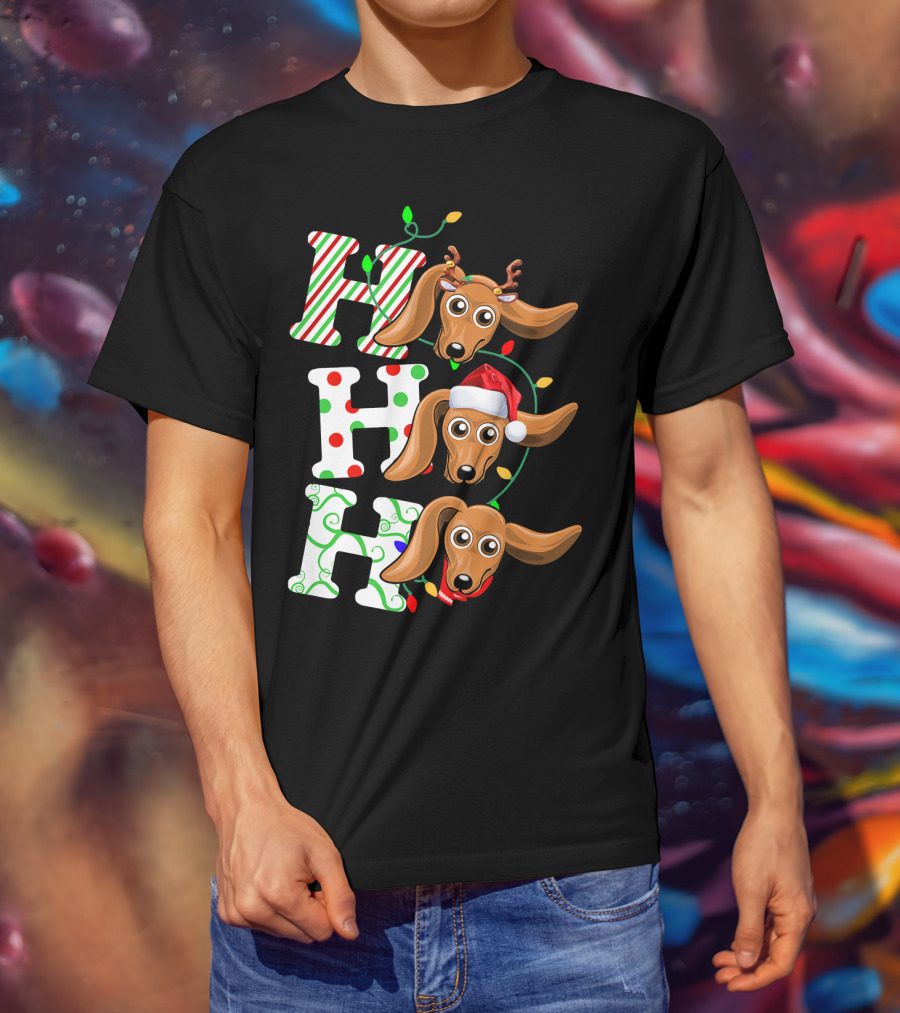 Dachshund Ho Ho Ho Reindeer Antlers Santa Hat Christmas Lights T-Shirt