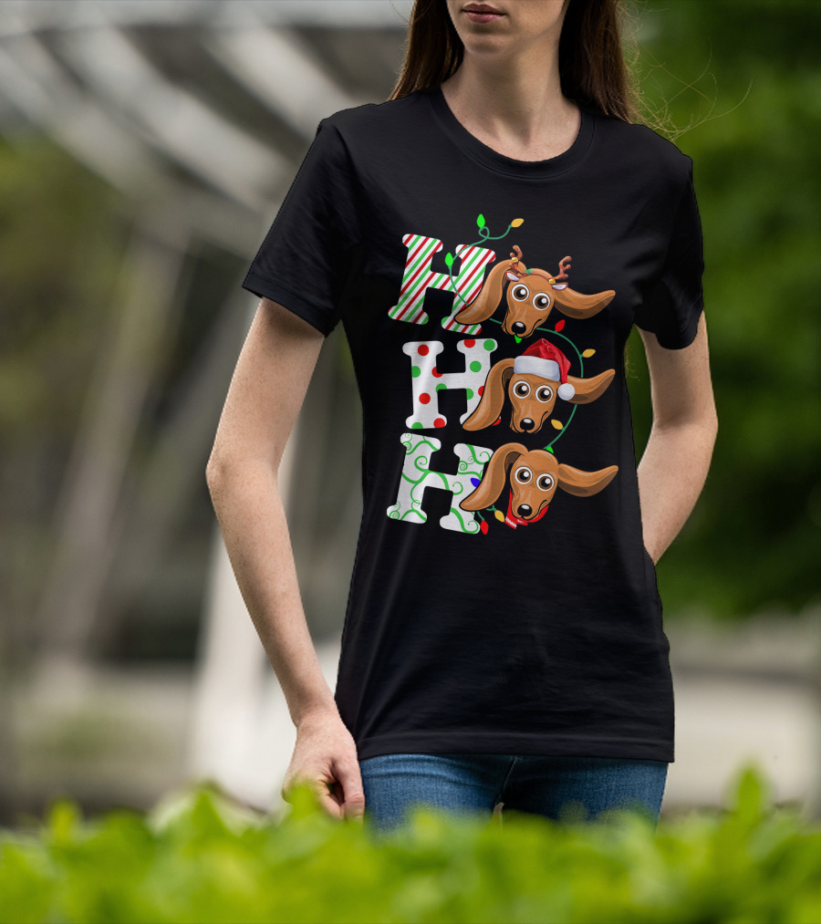 Dachshund Ho Ho Ho Reindeer Antlers Santa Hat Christmas Lights T-Shirt