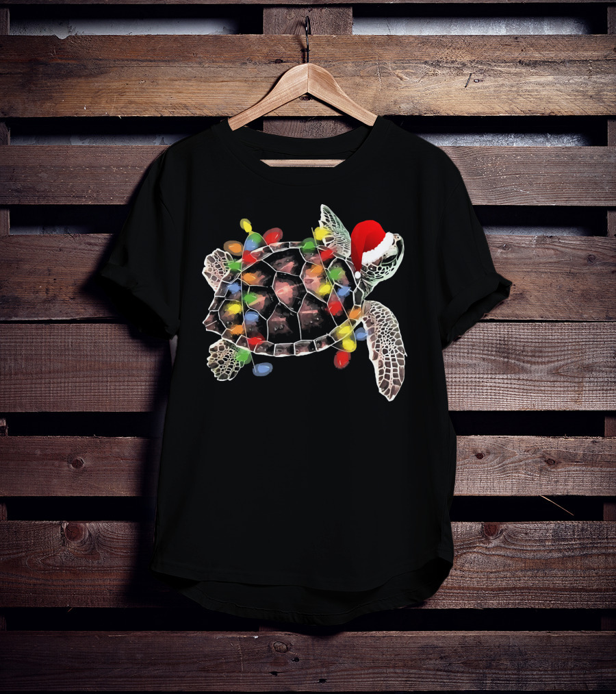 Sea Turtle With Christmas Lights In Santa Hat Merry Chris T-Shirt