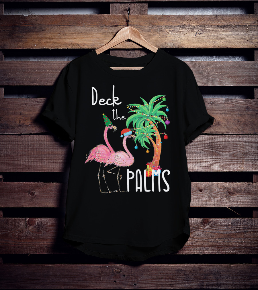 Deck The Palms Christmas Flamingo Family Tropical Holiday Scene T-Shirt