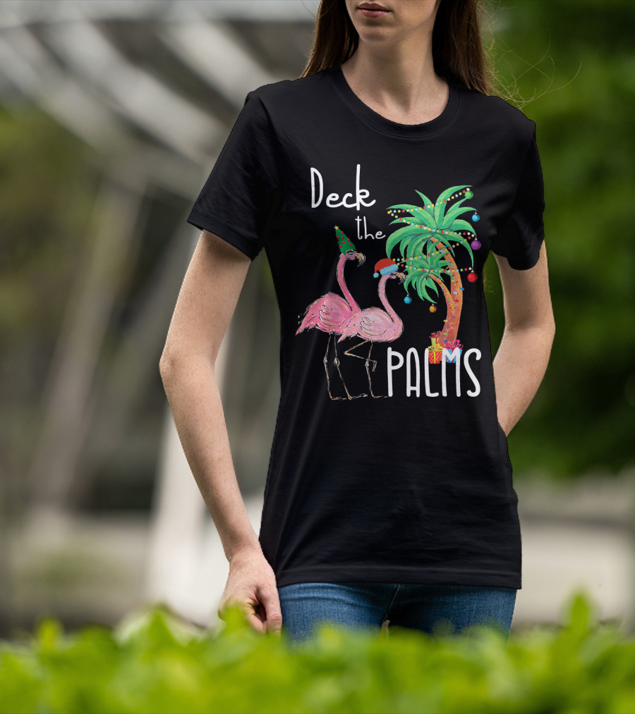 Deck The Palms Christmas Flamingo Family Tropical Holiday Scene T-Shirt