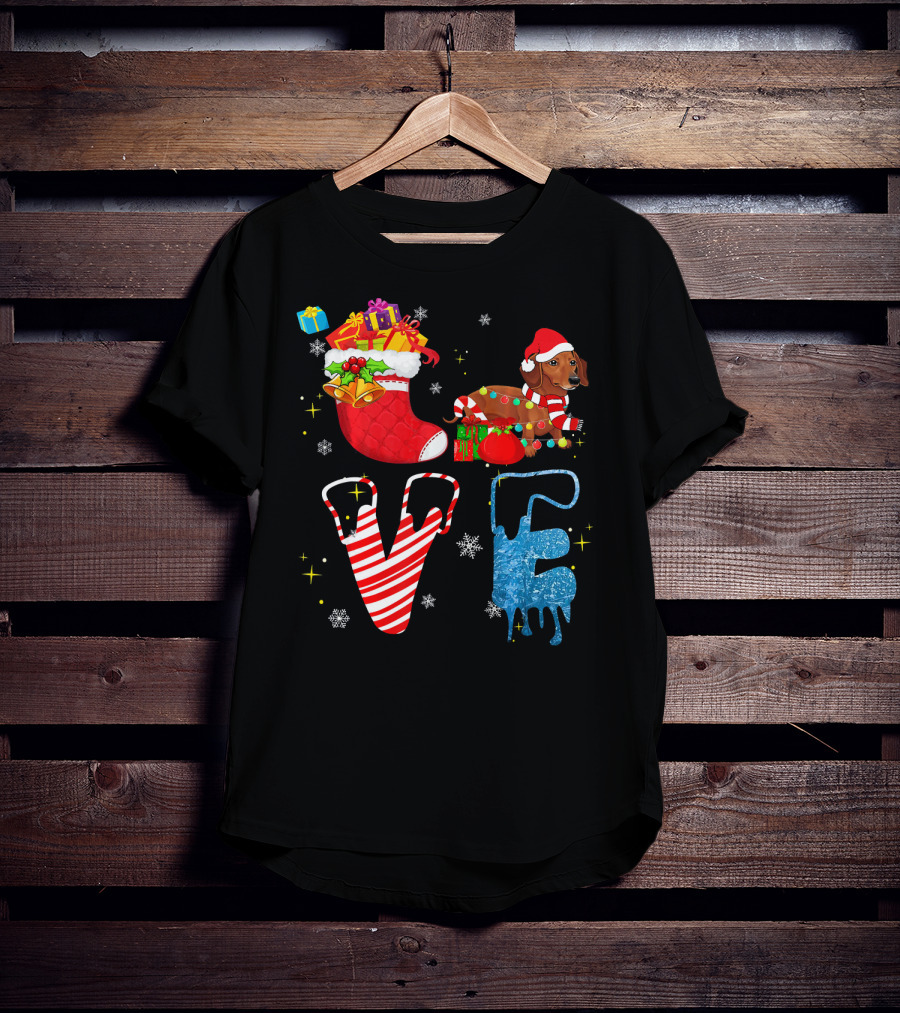 Dachshund Forever Love Merry Christmas Stocking Candy Cane Snowflakes T-Shirt