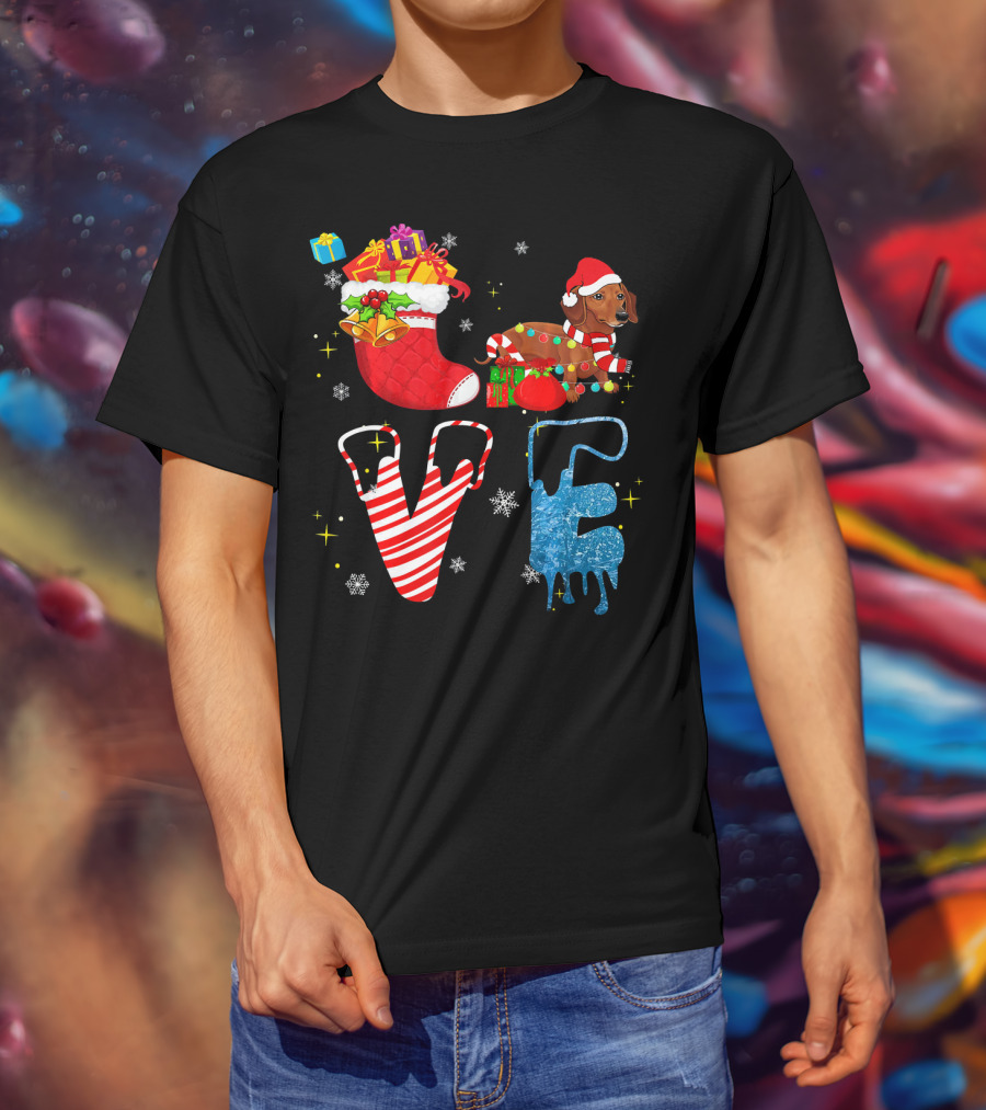Dachshund Forever Love Merry Christmas Stocking Candy Cane Snowflakes T-Shirt