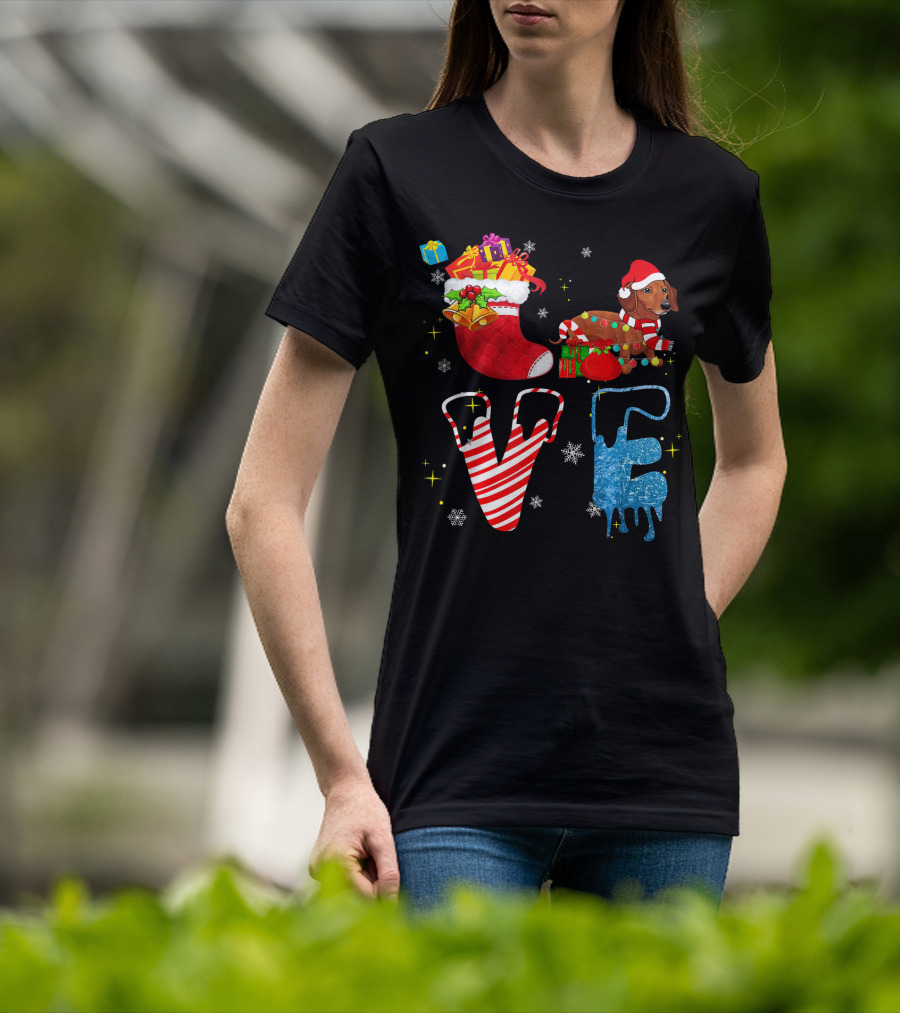 Dachshund Forever Love Merry Christmas Stocking Candy Cane Snowflakes T-Shirt