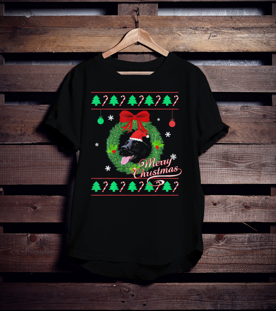 Merry Christmas Black Lab Puppy In Santa Hat With Wreath And Candy Canes T-Shirt