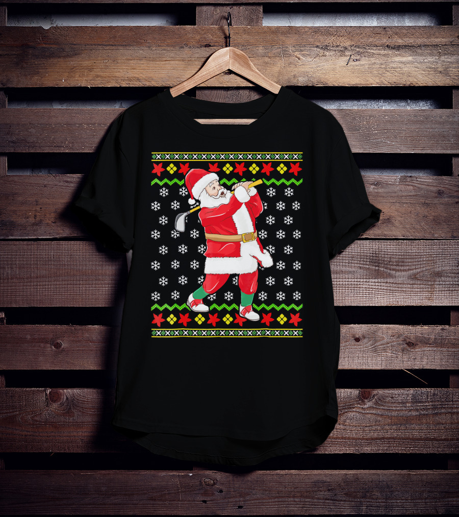 Ugly Christmas Santa Playing Golf Snowflakes T-Shirt
