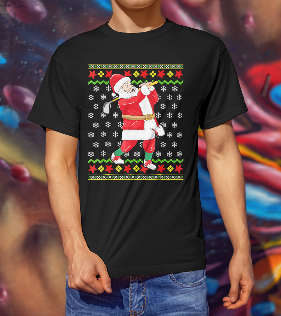 Ugly Christmas Santa Playing Golf Snowflakes T-Shirt