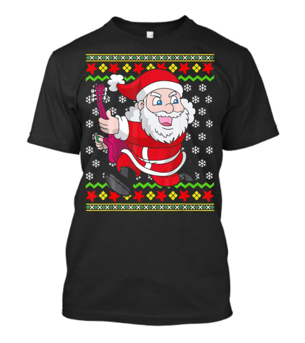 Ugly Christmas Santa Playing Guitar Festive T-Shirt