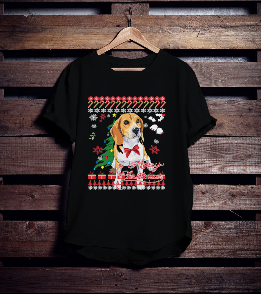 Merry Christmas Beagle With Candy Canes Snowflakes Bells And Gifts T-Shirt