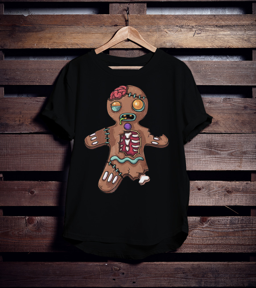 Zombie Christmas Gingerbread Man With Exposed Brain And Candy Bones T-Shirt