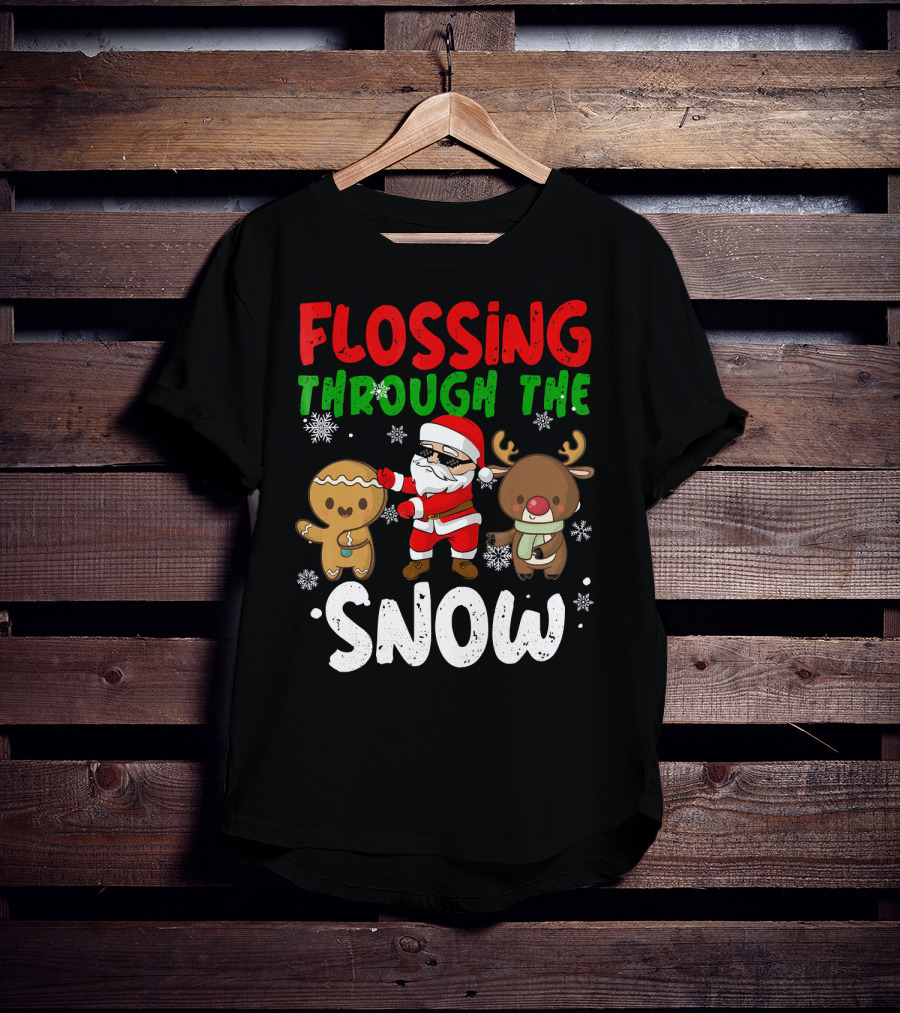 Flossing Through The Snow Santa Gingerbread Reindeer Christmas T-Shirt