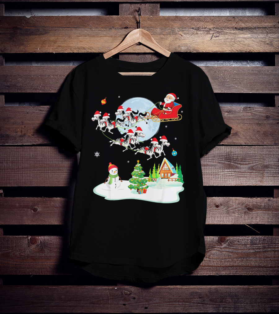 Santa Claus Sleigh With Zebras And Snowman By Christmas Tree T-Shirt