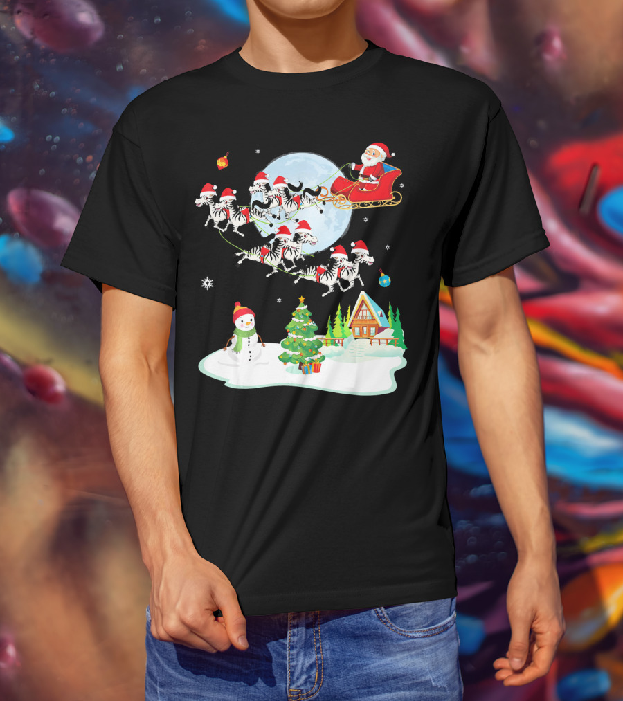 Santa Claus Sleigh With Zebras And Snowman By Christmas Tree T-Shirt