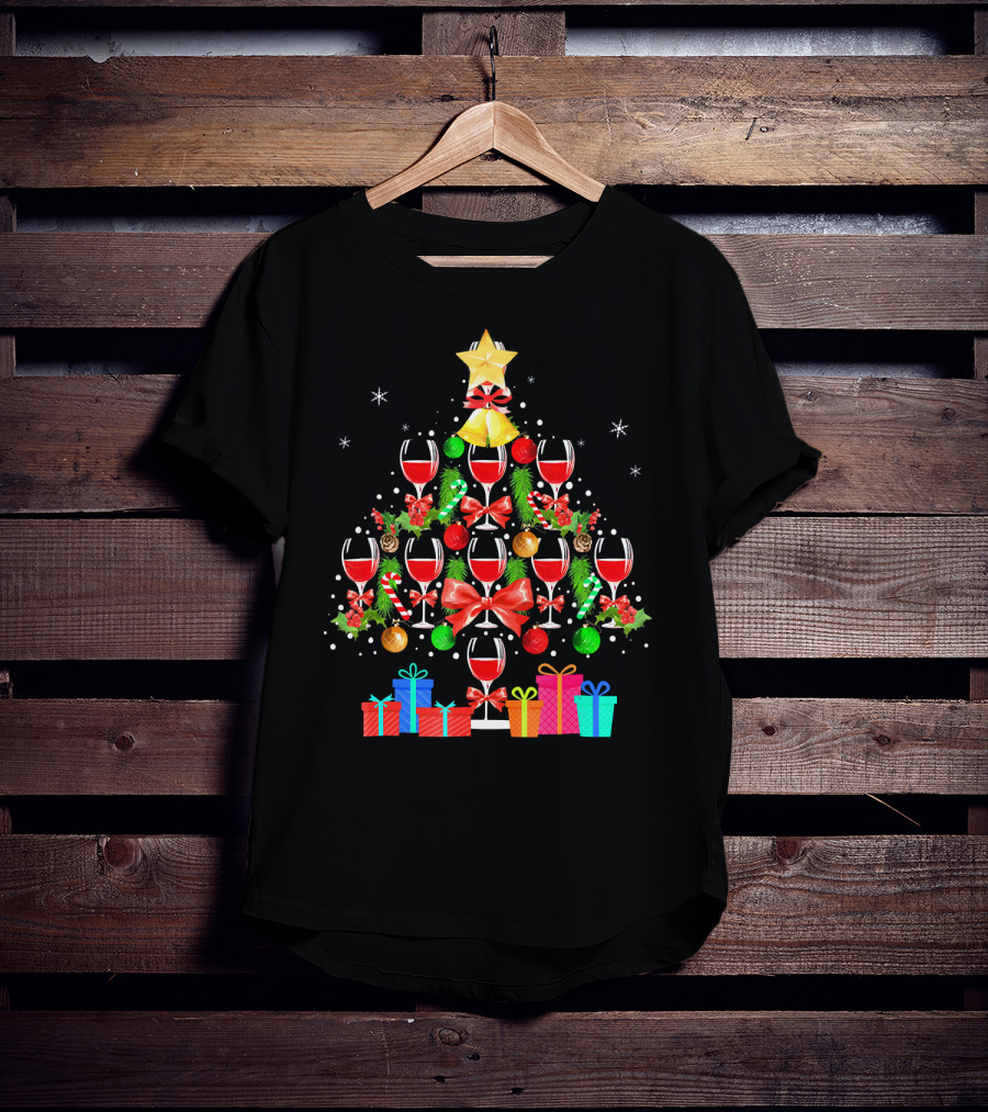 Wine Glass Christmas Tree With Gifts And Decorations T-Shirt