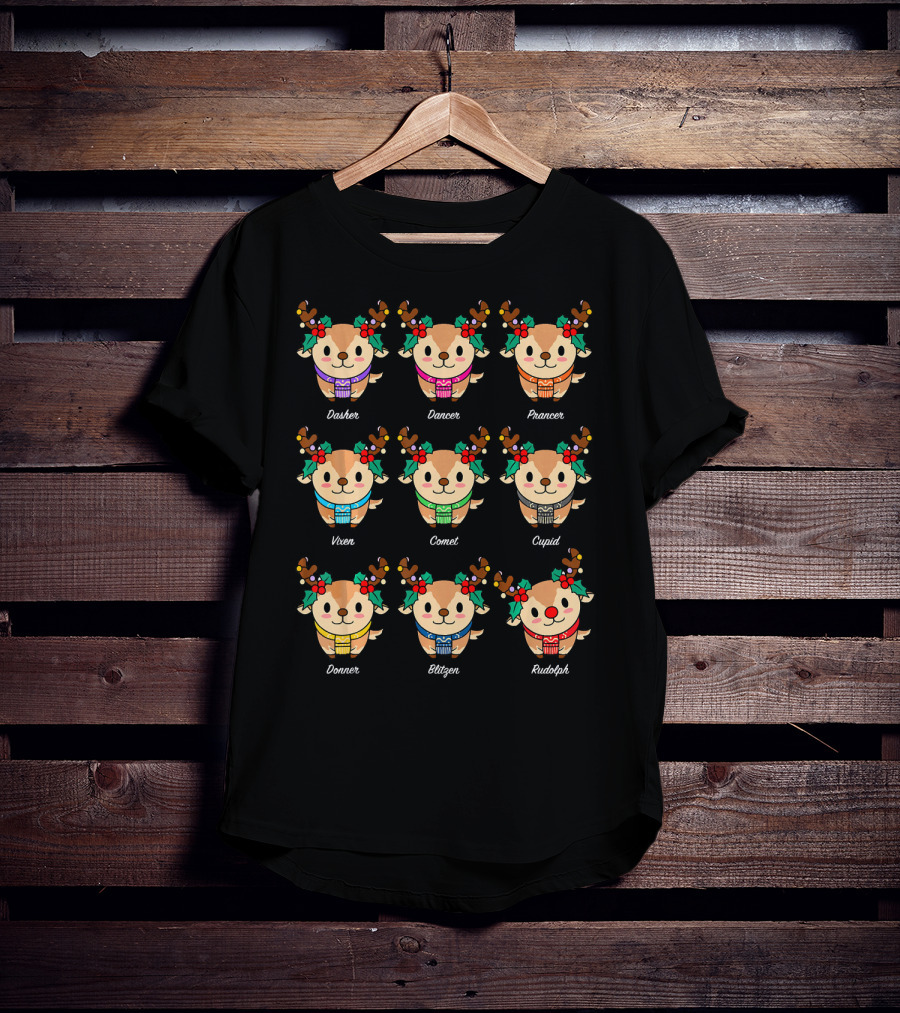 Adorable Reindeer With Names Dasher Dancer Prancer Vixen Comet Cupid Donner Blitzen Rudolph T-Shirt