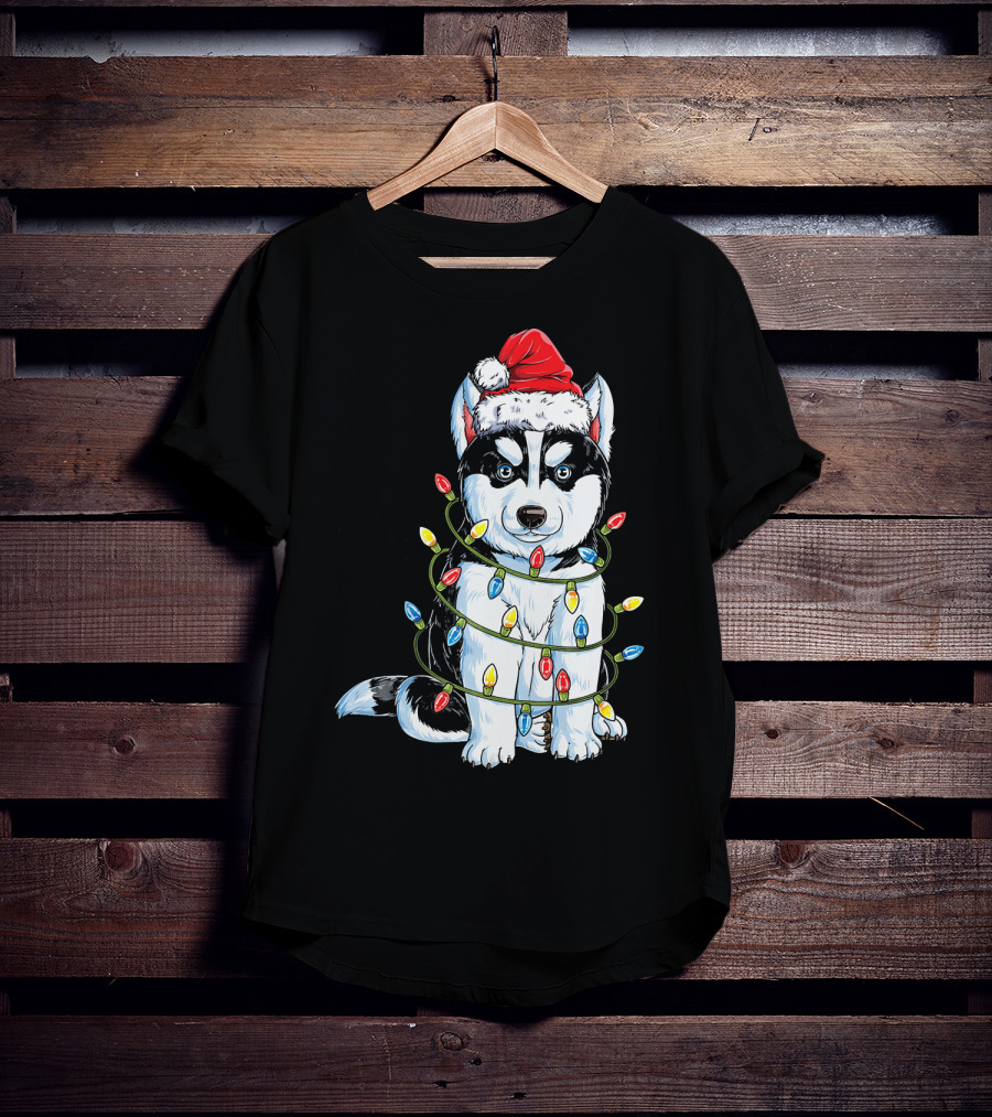 Siberian Husky Wrapped In Christmas Lights With Santa Hat T-Shirt
