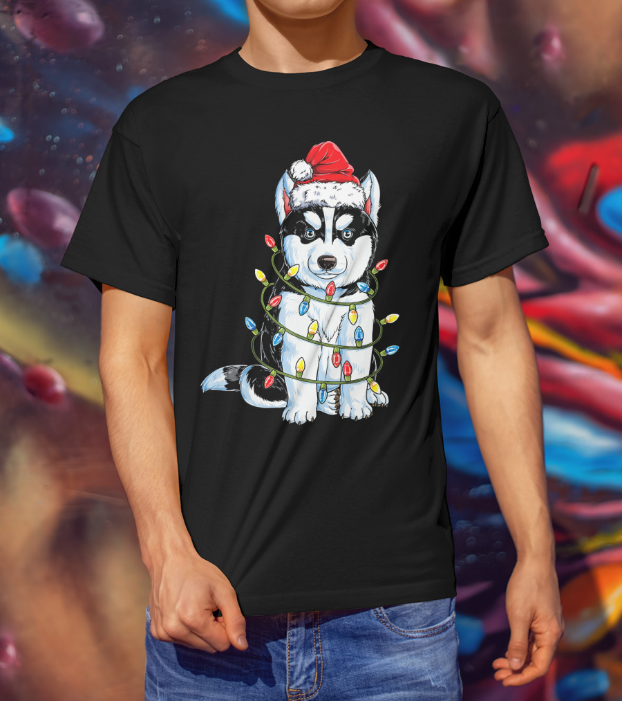 Siberian Husky Wrapped In Christmas Lights With Santa Hat T-Shirt