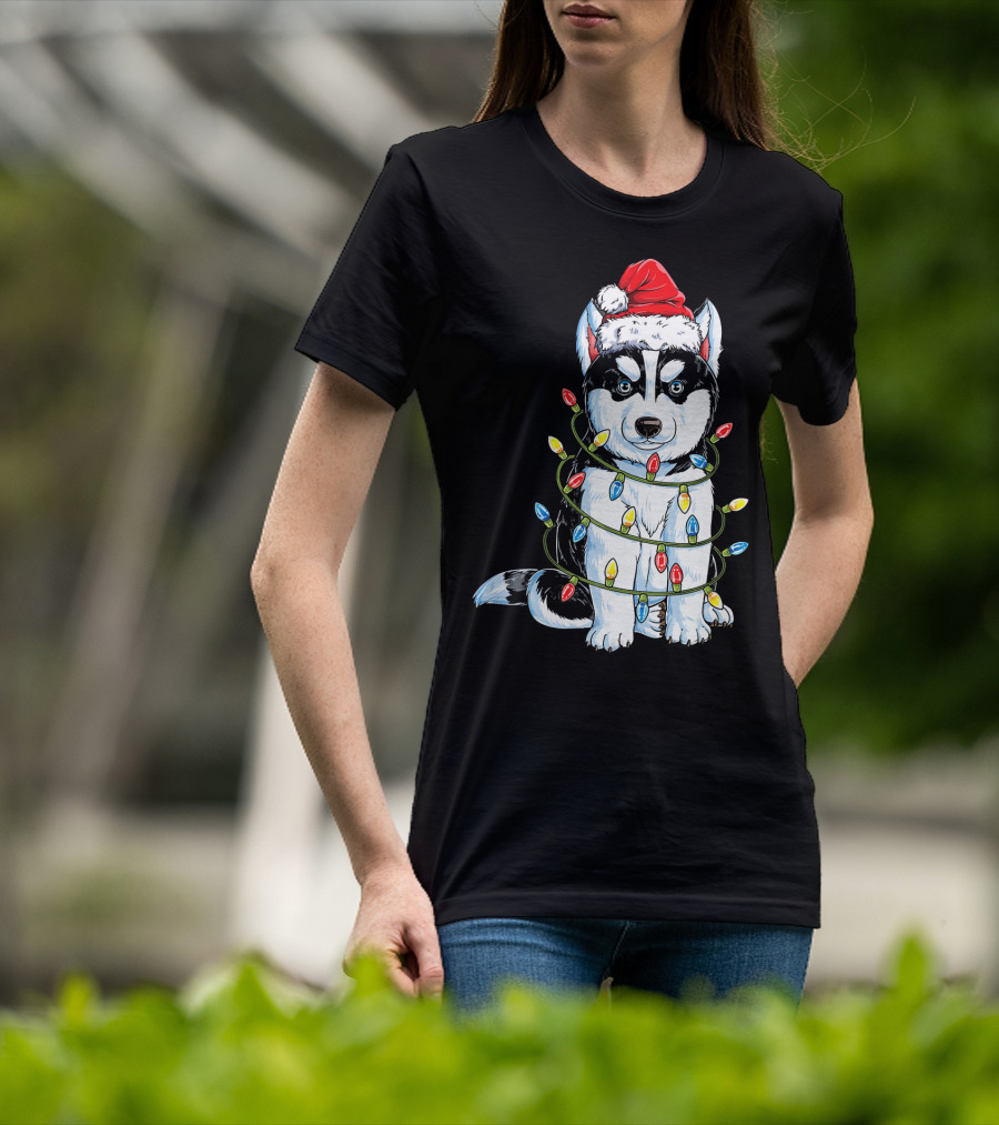 Siberian Husky Wrapped In Christmas Lights With Santa Hat T-Shirt