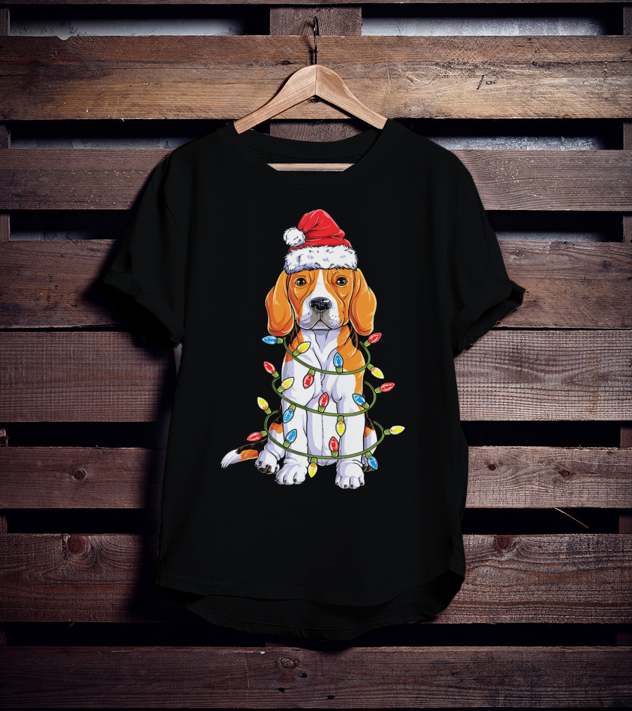 Beagle Wrapped In Christmas Lights With Santa Hat T-Shirt