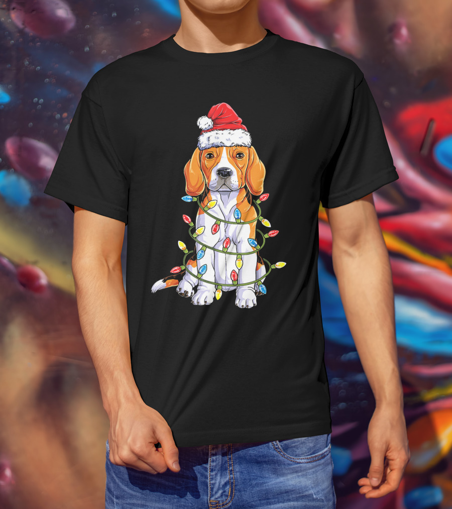 Beagle Wrapped In Christmas Lights With Santa Hat T-Shirt