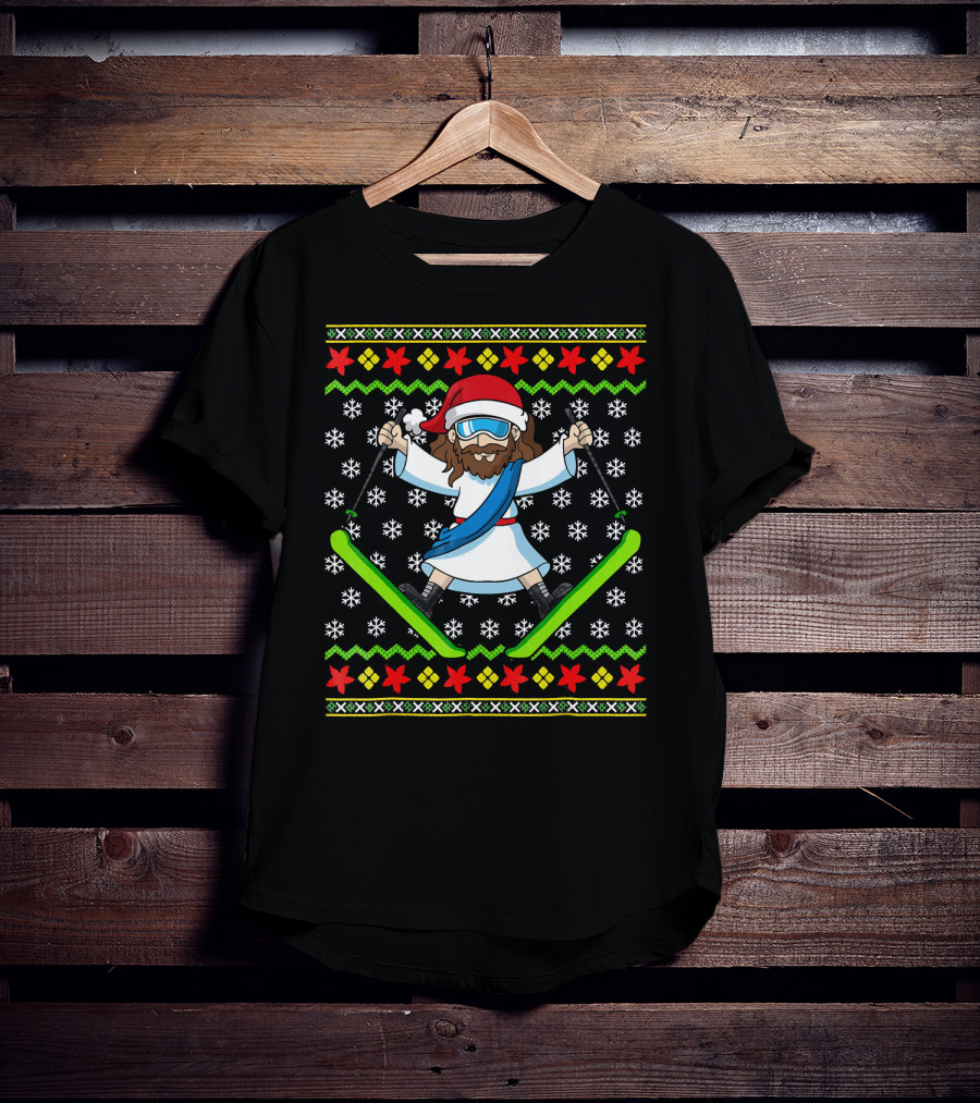 Ugly Christmas Kids Jesus Skiing Santa Hat Snowflakes T-Shirt