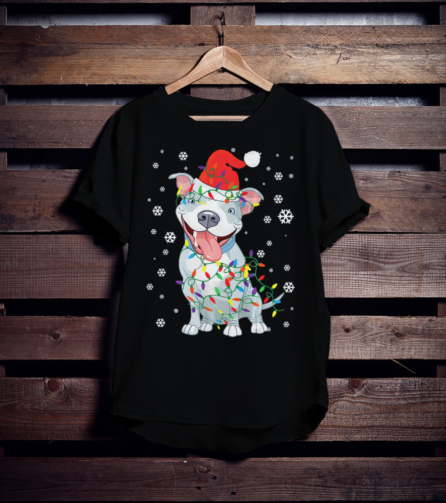 Pitbull Wrapped In Christmas Lights With Santa Hat And Snowflakes T-Shirt