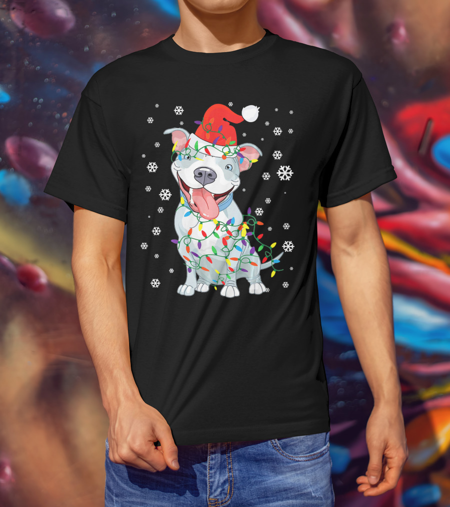 Pitbull Wrapped In Christmas Lights With Santa Hat And Snowflakes T-Shirt