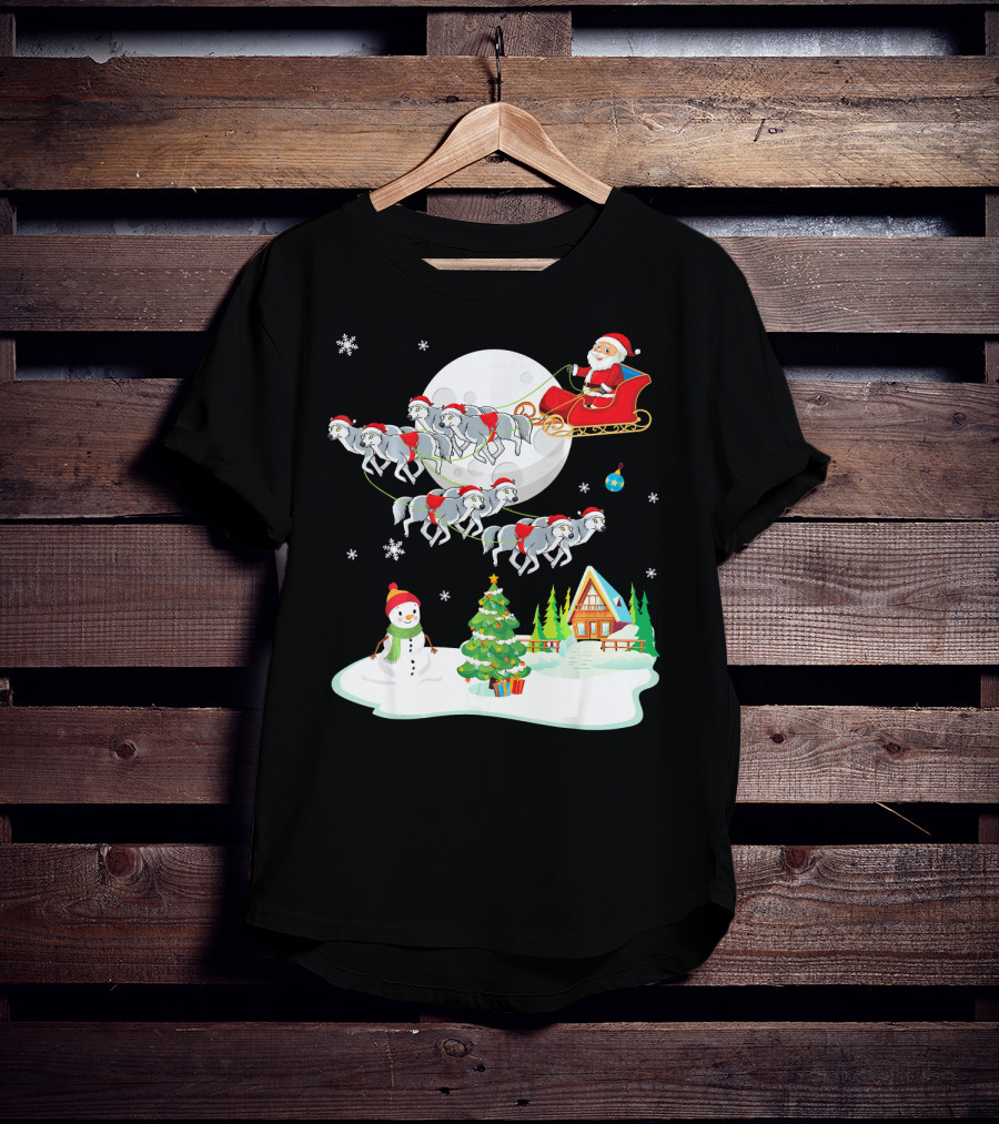 Santa Claus Sleigh Riding Over Snowman And Christmas Scene With Wolves T-Shirt