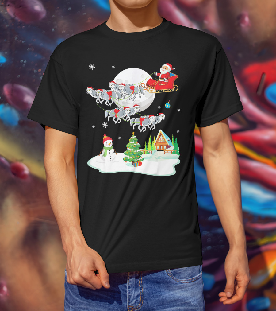 Santa Claus Sleigh Riding Over Snowman And Christmas Scene With Wolves T-Shirt