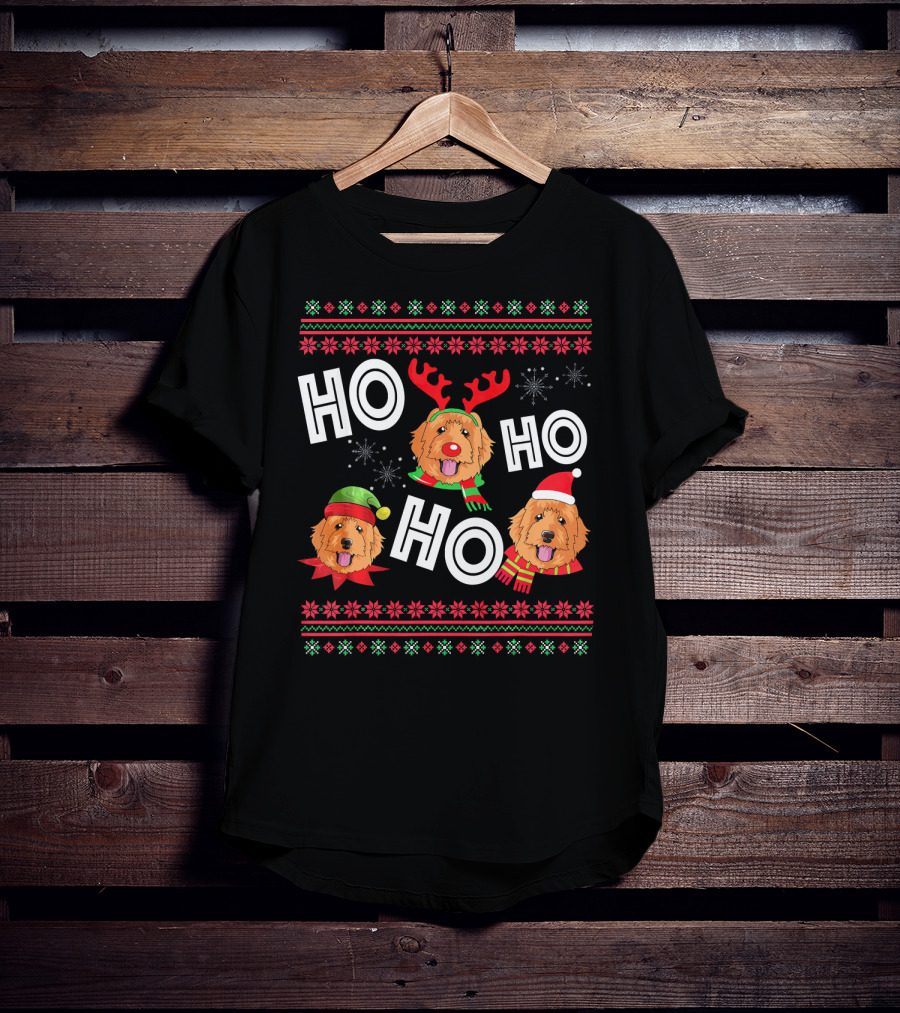 HO HO HO Golden Doodle Funny Dog Christmas Antlers Santa Hat Snowflakes T-Shirt
