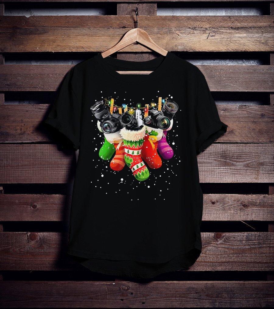 Christmas Stocking Cameras With Festive Lights For Photography Lovers T-Shirt