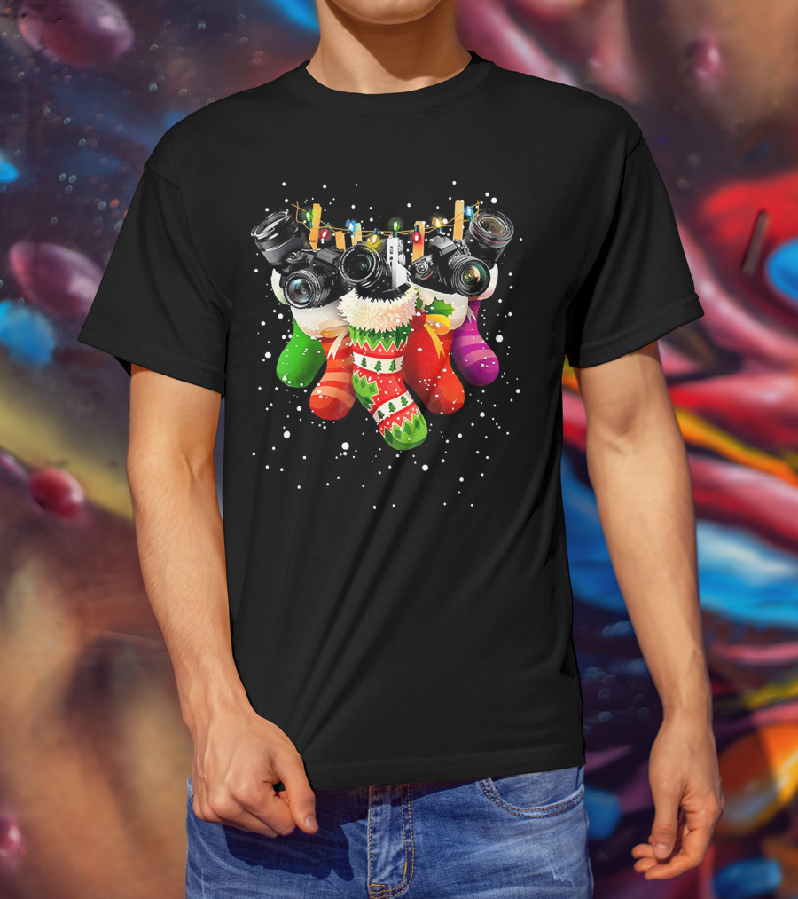 Christmas Stocking Cameras With Festive Lights For Photography Lovers T-Shirt